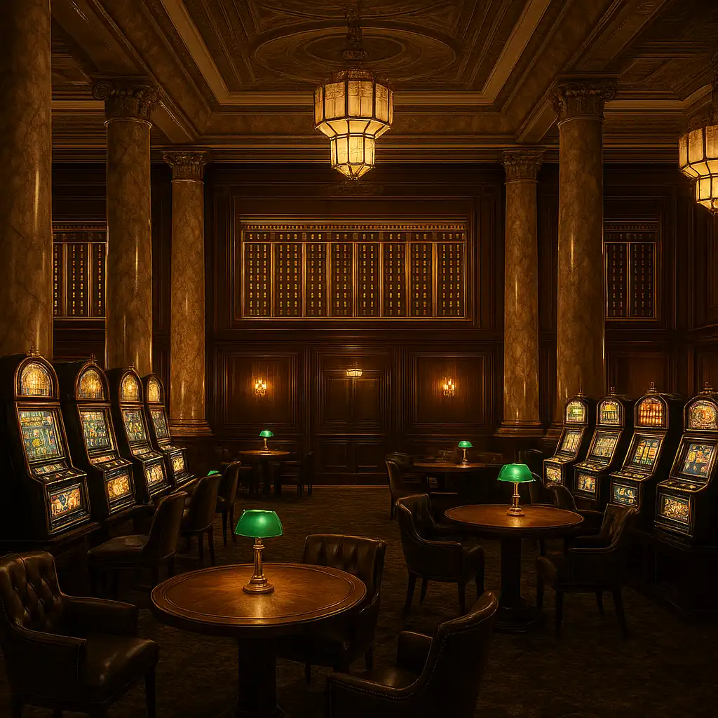 Elegant BetMica casino lounge with marble columns, brass jackpot boards and emerald banker lamps