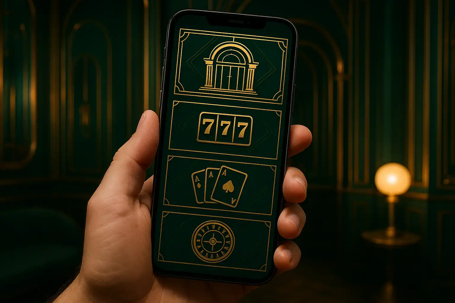 Hand holding a smartphone showing the BetMica mobile casino lobby