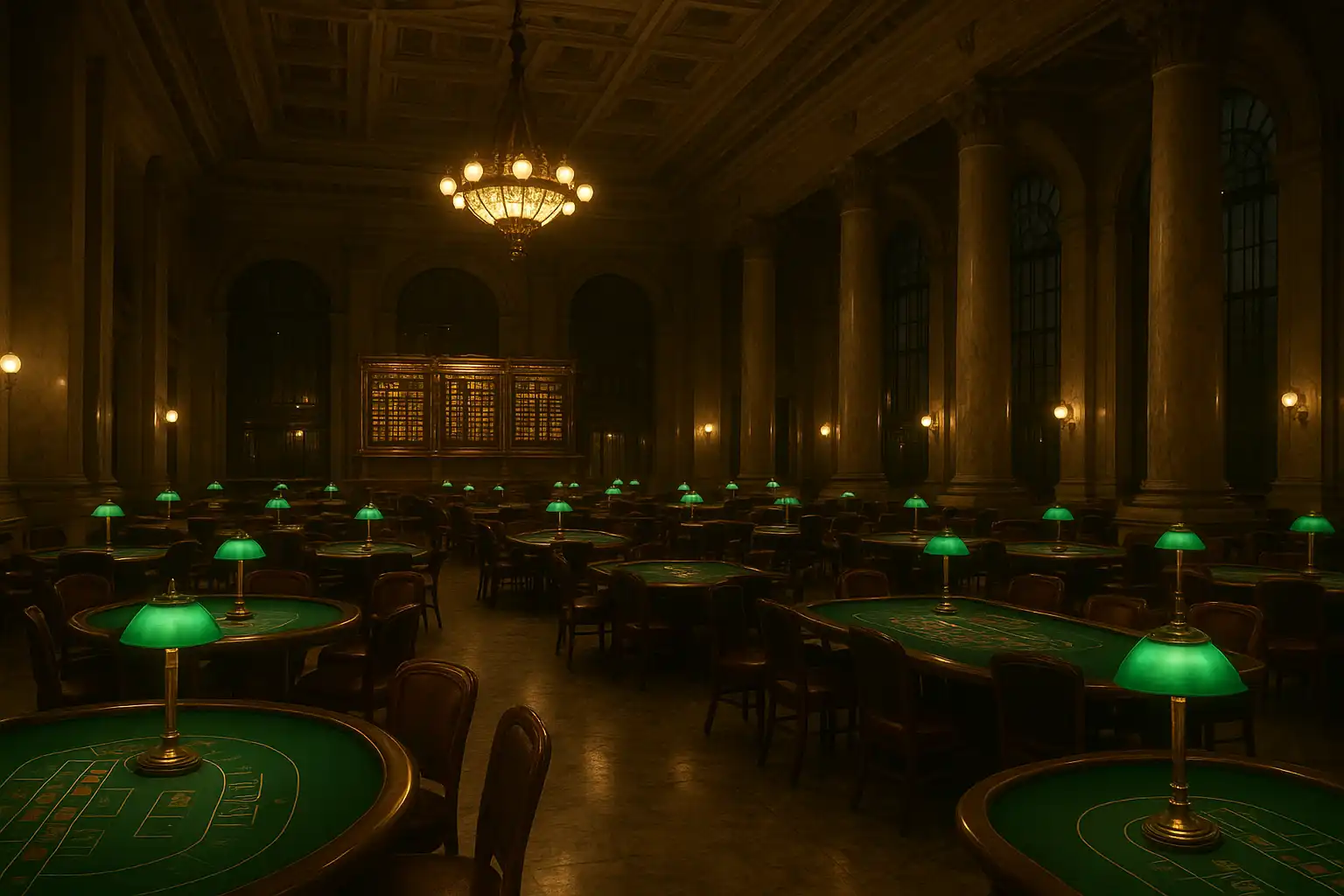 Marble trading hall interior of BetMica casino with brass jackpot boards