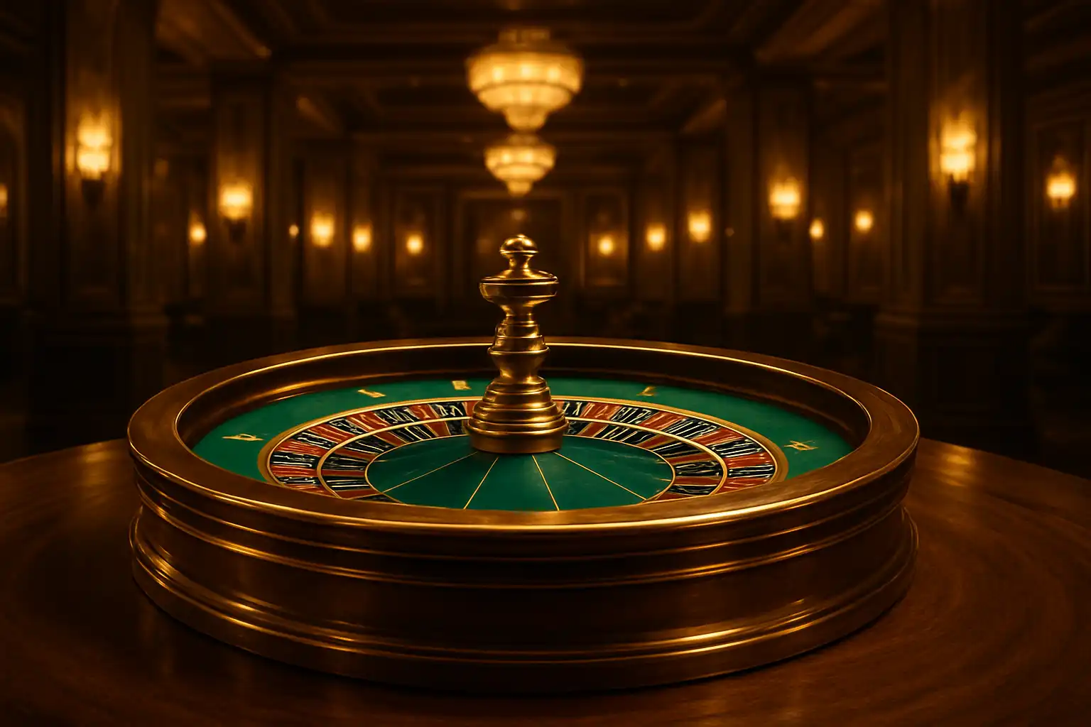Brass and emerald roulette wheel on the BetMica casino floor